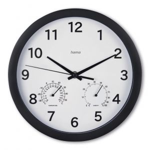 Hama Horloge murale "Malte", Ø 25 cm, av. therm./hygro., sans tic tac, noir