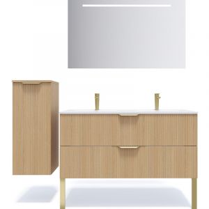 Image de Meuble de salle de bain suspendu double vasque intégrée 120cm 2 tiroirs Chêne cannelé +miroir +colonne ouverture gauche - Venice