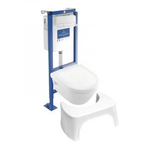 Pack WC suspendu sans bride Architectura 37 x 53 + abattant + plaque blanche + bâti + Tabouret blanc