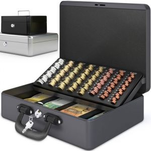 ACROPAQ Caisse monnaie Professionnelle XL 36x27x11cm- Coffret Monnaie Acier- Monnayeur, 2 clés Compartiments monnaie-Poignée Robuste
