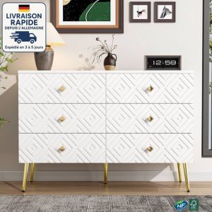 MODFU - Commode 6 tiroirs, buffet cuisine, meuble de rangement d'entrée salon, 120x40x80cm, MDF, blanc