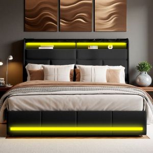 Lit Double 160x200 - Coffre Rangement - M&eacute;canisme Silencieux - &Eacute;clairage LED 6000+ Couleurs - Tissu PU Noir