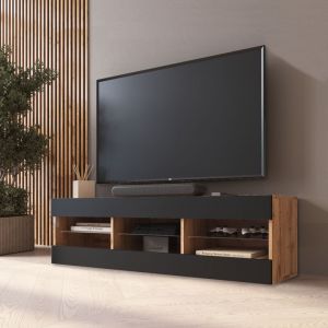 Meuble Banc tv Tivoli 140, Wotan/Noir, Largeur 140cm x Hauteur 40,5cm x Profondeur 35cm, sans led, pour Salon, Chambre - Komodee