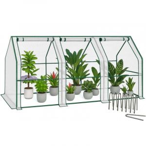 VOUNOT Mini Serre de Jardin &agrave; Toit Pointu avec 3 fen&ecirc;tres avec Zip enroulables B&acirc;che PE renforc&eacute;e 135g/m2 pour semis Plantes Fleurs l&eacute;gumes 270x90x90cm Blanc
