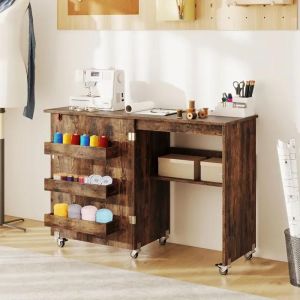 Costway Table De Couture Pliable À Roulettes - 3 Bacs Pour Bobines Avec Étagère De Rangement, Porte Magnétique Marron