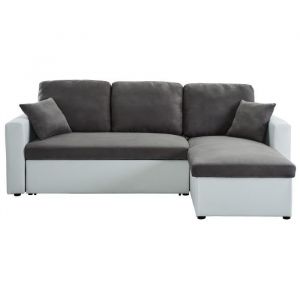 ASPEN Canape d'angle reversible convertible 4 places Simili et tissu Blanc et gris Cl ique L 223 x P 150 cm