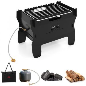 2 en 1 Barbecue Portable de Comptoir COSTWAY, Double Combustible au Gaz Butane,Charbon Bois, Grille en Acier Inox, Sac de Transport