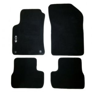 Rebeca Shop Tapis de voiture compatibles pour C3 à partir de 2009 | Tapis en moquette noire | Logo brodé talonnette et clip de fixation