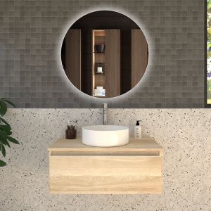 Meuble de salle de bain 1 tiroir avec vasque à poser ronde - bambou (chêne clair) - pena et miroir Led solen - 80cm