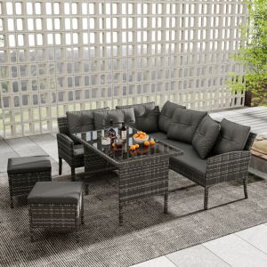 Salon de jardin - Structure Acier - 1 Table Basse - Siège en rotin PE - 7 personnes - Gris