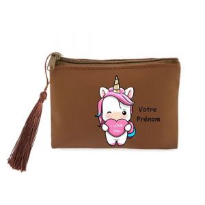 Porte monnaie et cles marron licorne coeur kawaii I love you personnalisable Neuf