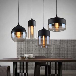 Lot De 4 Suspension Design Cylindre Style Retro Vintage Contemporain, Lustre Abat-jour en Verre Corde ajustable Luminaire Salle à manger Chambre à