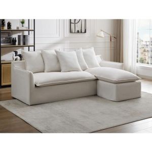 Vente-unique - Canapé d'angle réversible en lin et tissu chiné blanc peniola de Maison Céphy