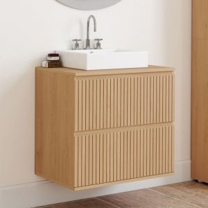 Idmarket Meuble sous vasque suspendu salle de bain VICTOR 2 tiroirs effet lattes