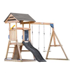 Aire de jeux avec balançoire double, toboggan gris et bac à sable