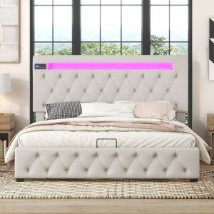 Image de Lit coffre Lit adulte 140 x 200 cm avec usb. lecteur bluetooth. led. tête de lit réglable. beige