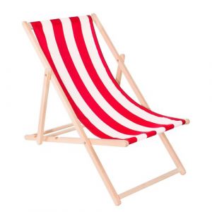 Springos - Chaise longue pliante en bois avec tissu rouge et blanc. - multicolore