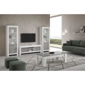 Denae - Ensemble Salon Complet Blanc et Gris Marbr&eacute; Meuble tv + Table Basse + Vitrines Leds