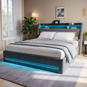Lit 140x190 cm - tissu en lin - LED ET USB - sommier &agrave; lattes - lit coffre 140x190 cm - gris
