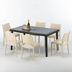 Image de Grand Soleil Table rectangulaire et 6 chaises Poly rotin colorées 150x90 noir | Paris Beige ivoire