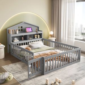 Fortuna Lai - Lit cabane 140x200cm - lit enfant en bois massif avec sommier à lattes, étagères de rangement, grille et porte - gris