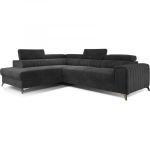 Canap&eacute; d'angle convertible - larry velours - en tissu Luxe gris fonc&eacute;, 5 places, angle gauche (vu de face) - Gris fonc&eacute;