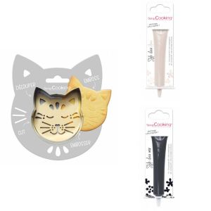 Kit pour biscuit en relief Chat + 2 Stylos au chocolat blanc et noir