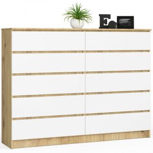Grande Commode pour le salon Akord K160 Chêne Artisan 160 cm 10 tiroirs façade Blanche 160x40x121 cm
