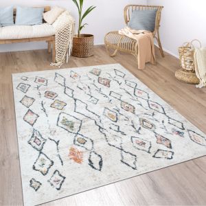 Tapis Salon Boho Ethnique Marocain Moderne Poils Ras Structur&eacute; Beige Color&eacute; 80x150 cm, Cr&egrave;me 3 - Paco Home