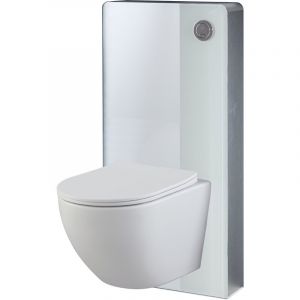 Pack WC suspendu gain de place bâti mural verre blanc + cuvette sans bride vortex Turbi