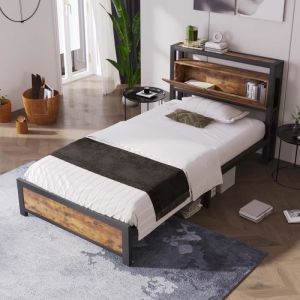 Lit simple avec espace de rangement - cadre en métal - Marron - 90x200 cm