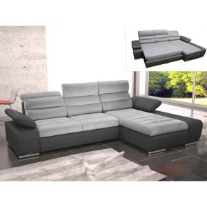 Canapé d'angle convertible en tissu et simili MIRABEAU Bicolore gris/anthracite Angle droit