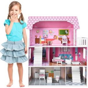 Aufun Maison De Poupée En Bois, Maison De Poupée En Bois Mdf Et Maison De Poupée À 3 Étages Comprenant Des Meubles