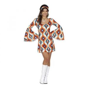 FIESTAS GUIRCA Déguisement Hippie Groovy Femme – Robe Hippie Courte Années 70 avec Bandeau Hippie – Déguisement Disco Années 60 pour Femme Taille M
