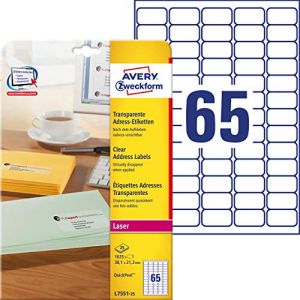 Avery-Zweckform L 7551-25 D'ÉTIQUETTES TOUT USAGE 38 X 21,2 MM - 25 FEUILLES-PACK DE 1625 TRANSPARENT