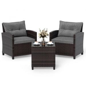Costway 3pcs Salon De Jardin En Rotin - 2 Fauteuils, Table Basse Avec Plateau En Verre Tremp&eacute;, Coussins -Terrasse Piscine - Blanc
