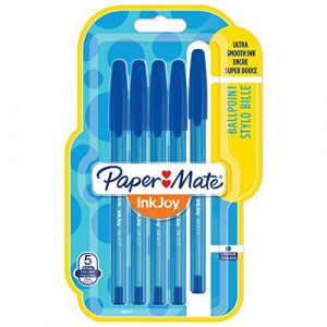 Paper Mate InkJoy 100ST stylos bille avec bouchon, pointe fine (0,7 mm), bleu, lot de 5