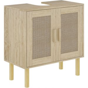 Homcom Meuble sous vasque style bohème - 2 portes, étagère - effet rotin bois clair