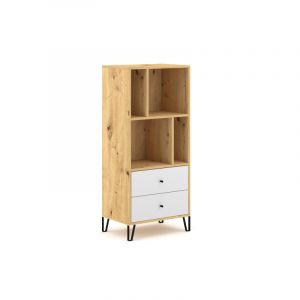 Biblioth&egrave;que en bois "Bilbao" avec 4 cases + 2 tiroirs - Blanc/Beige - H 135 cm
