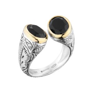 Image de Canyon Bijoux Bague facettes duo en argent 925, dorure or jaune, Onyx, T54, 10g