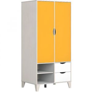 Image de Hucoco PAIDIA Armoire style moderne chambre d'enfant/d'ado 171 5x81x60 2 portes+2 tiroirs Dressing Jaune