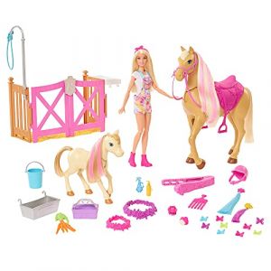 Image de Mattel Famille Coffret Toilettage Des Chevaux Avec Poupée Blonde, 2 Figurines Chevaux Et Plus De 20 Accessoires, Emballage Fermé, Jouet Pour Enfant