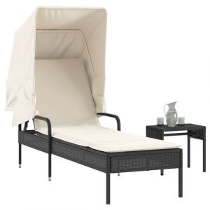 VidaXL Chaise longue avec auvent et table noir r&eacute;sine tress&eacute;e, lit de bronzage, chaise longue inclinable, lit de jour d'ext&eacute;rieur