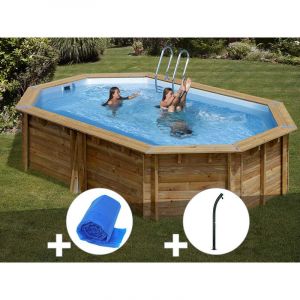 Sunbay Kit piscine bois Cannelle 5,51 x 3,51 x 1,19 m + B&acirc;che &agrave; bulles + Douche