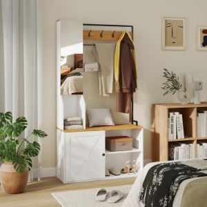 Puluomis Portemanteau, Vestiaire avec Banc et &Eacute;tag&egrave;re &agrave; Chaussures, Crochets, Cadre en M&eacute;tal, 90 x 30 x 170 cm, Style Industriel, avec miroir, bois