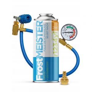 FROSTMEISTER 2en1 400ml - R1234yf Bidon + Tuyau avec Manomètre + Adaptateur KIT CLIMATISATION EN LIBRE-SERVICE