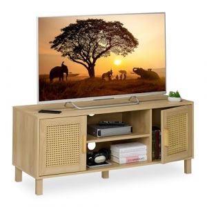Relaxdays Meuble TV, Lowboard, Style rotin, Console Basse jusqu'à 50 Pouces, Effet Bois, HxLxP: 48x115x40 cm, Naturel