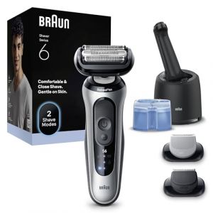 Braun Rasoir Electrique Homme Series 6 62-S7650CC Argent, Etanche, Lames Flexibles Pour Raser Doucement La Barbe et Le Visage, 2 Modes De Rasage, Tondeuse Pour Le Corps, Coffret Station De Nettoyage