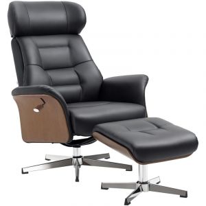 Homcom Fauteuil relax avec repose-pied - dossier inclinable, têtière réglable, pivotant 360° - polyuréthane - 80x84x108cm - noir