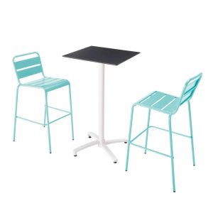 Oviala Ensemble table haute stratifié noir et 2 chaises hautes bleu turquoise